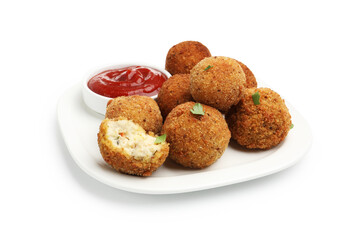 Delicious fried croquette balls with parsley and ketchup isolated on white