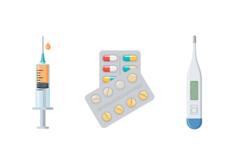 Medical healthcare tools: syringe pills and thermometer illustration.
