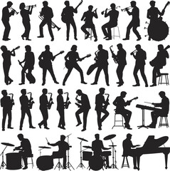 Silhouettes of dynamic musicians playing guitar, trumpet, saxophone, drums, and piano for music, entertainment, and concert design projects