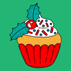 Cupcake with cream and holly leaf. Hand drawn color flat vector. Merry Christmas sweet food. Traditional dessert. Winter holiday card. Happy celebration. Illustration doodle line art.