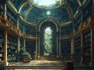 Obraz premium Sanctuary of Sapphire and Gold: A Majestic Fantasy Library, Bathed in Ethereal Light, Unveils a Verdant World Beyond its Grand, Vine-Kissed Archway
