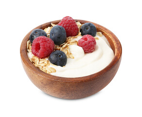 Tasty yogurt with granola and berries in bowl isolated on white
