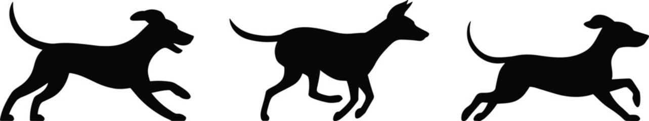 Silhouette of running dogs, black dog vector illustration, active pet animal icon, energetic domestic dog motion pose, jumping canine graphic isolated on white background