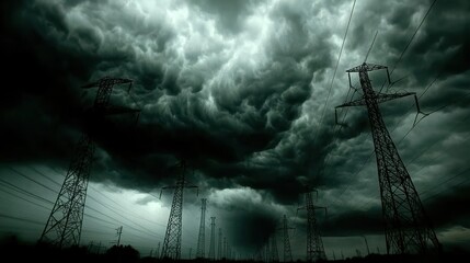 Dramatic storm clouds loom over power lines creating a sense of unease and foreboding atmosphere