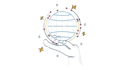 World in our hand doodle animation. Global connectivity. Worldwide web data. Connected planet. Holding globe wireframe animated 2D flat cartoon concept, white background. 4K video motion graphic - Powered by Adobe