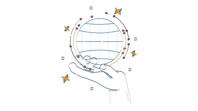 World in our hand doodle animation. Global connectivity. Worldwide web data. Connected planet. Holding globe wireframe animated 2D flat cartoon concept, white background. 4K video motion graphic