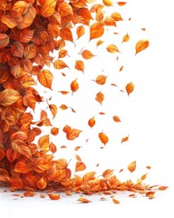 Autumn leaves falling on white background creating a seasonal border with vibrant orange and brown colors