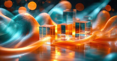 Fototapeta premium Abstract digital art. Glowing cubes float amid swirling orange, teal energy waves. Reflections create dynamic visual depth.