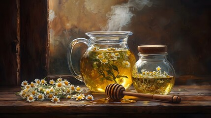 A serene still life of chamomile tea in a glass pitcher, accompanied by a jar of honey and fresh chamomile flowers, evoking warmth and comfort.