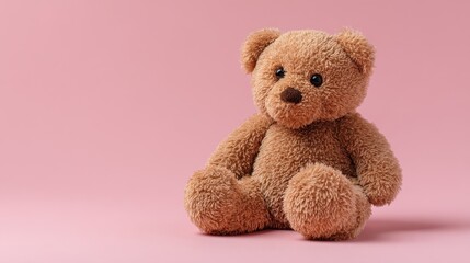 Obraz premium Brown teddy bear sitting on a pink surface facing right with small ears and a round body