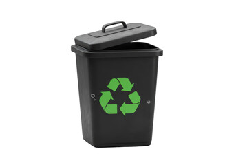 Isolated Dark Recycling Bin with Open Lid and Green Symbol