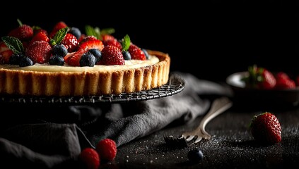 Fresh berry tart on dark background