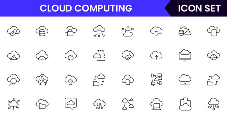 Cloud computing vector line icons featuring servers, data storage, networks, cloud syncing, virtualization, backups, security, accessibility, and online infrastructure tools.
