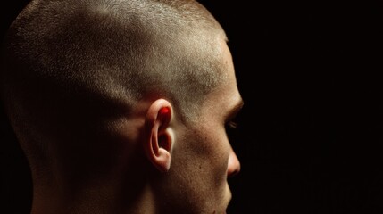 Naklejka premium Buzz Cut Profile View Showcasing Gradient Light Against a Dark Background and an Expansive Empty Space
