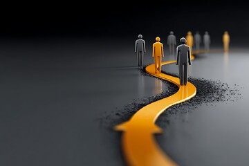 Follow the leader, progress on the path, team moving forward together towards a bright future.