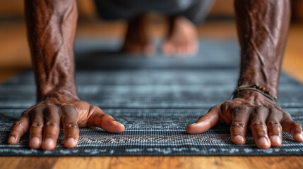 Black man doing push-ups on yoga mat in home interior  