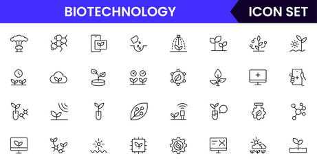 Biotechnology vector line icons featuring DNA strands, microscopes, test tubes, genetic engineering, lab equipment, research, cells, molecules, and scientific innovation.