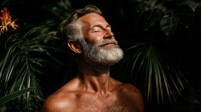Mature man enjoying tranquility with closed eyes in tropical garden - Powered by Adobe