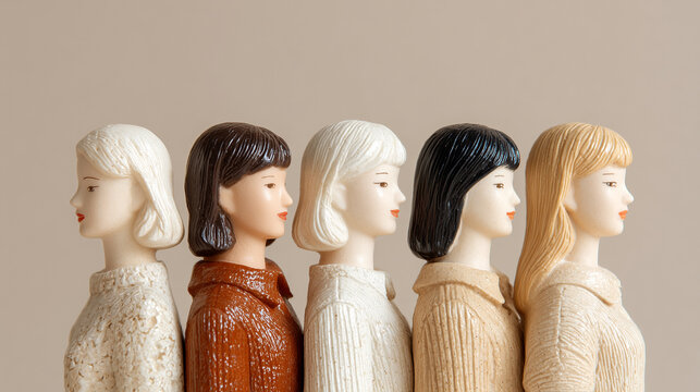 5 wooden female dolls standing in a line with one facing the opposite way