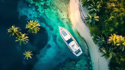 Aerial view of tropical beach with clear turquoise waters and white sandy shore, featuring a boat on the water.