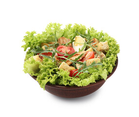 Delicious salad with croutons, chicken, egg, vegetables and arugula isolated on white
