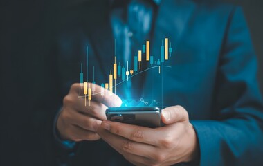 Financial Analysis at Your Fingertips: A sharp business person, illuminated by a vibrant, interactive financial graph displayed on the screen of his mobile phone.