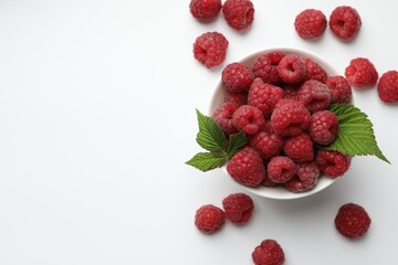 Tasty fresh ripe raspberries and leaves on white background, flat lay. Space for text