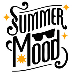 Illustration of summer mood text with sunglasses and star accents in black and orange color scheme