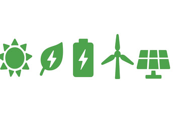 Green energy symbols representing solar, wind, and battery technologies for sustainable solutions