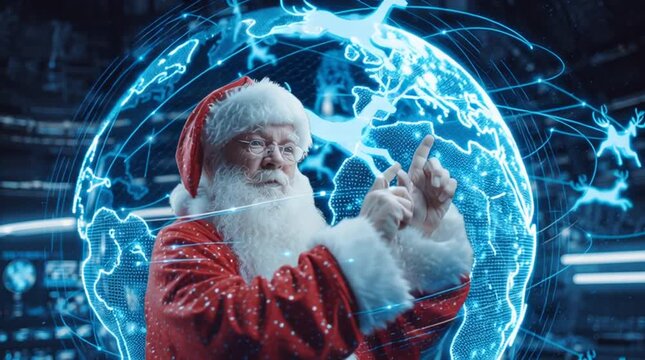 Santa Claus in a futuristic North Pole command center plans his Christmas Eve route using hand gestures on a giant holographic globe, with glowing paths and moving reindeer icons connecting continents