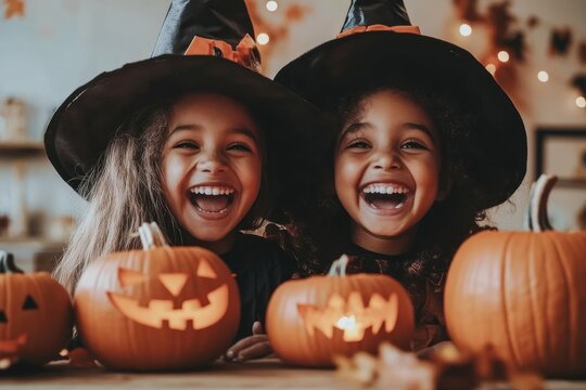 Two happy little mixede race kids in witch costumes halloween pumpkins party.