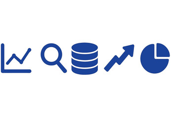 Data analysis and visualization icons representing trends, inspection, statistics, and metrics for presentations