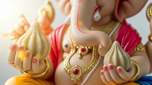 A closeup of lord ganesha holding a modak, showcasing the intricate details of the deitys jewelry and the significance of the sweet offering in hindu tradition
