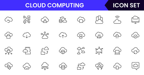 Cloud computing vector line icons featuring servers, data storage, networks, cloud syncing, virtualization, backups, security, accessibility, and online infrastructure tools.