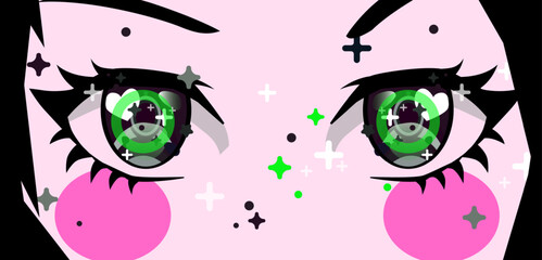 Colorful vector illustration in kawaii anime style, featuring expressive purple eyes with neon pink and turquoise accents. The theme is playful pop art, with stars, hearts, and bold curved shapes.