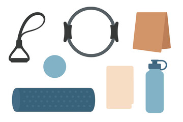 Fitness equipment arranged for a workout session at a home gym during midday