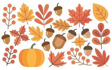 Flat Style Hand-Drawn Autumn Vector Cliparts &ndash; Cute Pumpkin, Acorn, Oak Leaf, Maple Leaf, and Rowan Berry Illustrations on White Background &ndash; Ideal for Seasonal Crafts and Branding