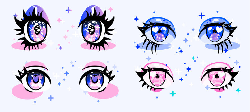 Vector anime-style illustration of expressive, sparkling eyes in blue, pink, and purple. The style is kawaii pop art, featuring stars, hearts, and bold shapes. Bright, pastel palette.