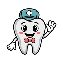 cute cartoon tooth character with nurse hat, red bow tie and gloves waving and smiling for dental health and hygiene promotion