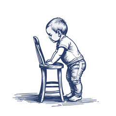 Baby standing while holding chair in playful moment. Curious baby displays determination while interacting with wooden chair.