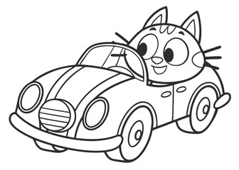 Whimsical car shaped like a cat, simple line art, playful design, kids coloring book style, thick outlines, no background elements