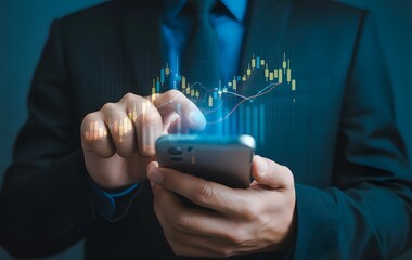 Financial Analysis on the Go: A focused business professional delves into financial data and market trends using a sleek smartphone. The image embodies the essence of modern finance.