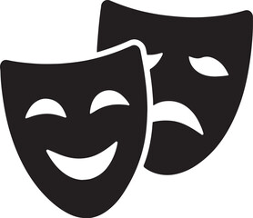 Silhouette of actor’s comedy and tragedy masks symbolizing theater, drama, performance, and classic arts.