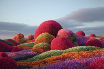 Colorful, surreal landscape with rounded hills of vibrant flowers
