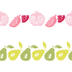 Pomegranate and Pears Vector Seamless Horizontal Borders Set
