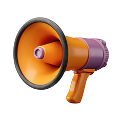 Orange and purple megaphone, communication device, public address system isolated on transparent background