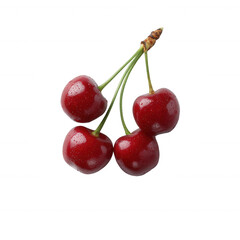 Fresh, juicy cherries on a stem, vibrant red color, isolated on a white background, perfect for illustrating healthy eating or summer desserts.
