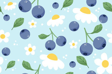 Cute Kawaii berry bunches Daisy Seamless Pattern, blue Background, Happy berries and Flowers	