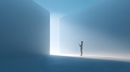 One person standing in a vast bright blue abstract architectural space looking towards a vertical light source