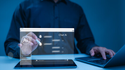Man interacts with chat AI on futuristic interface intelligent conversation customer service. Concept chatbot technology, machine learning, virtual assistant, modern business innovation on tablet.